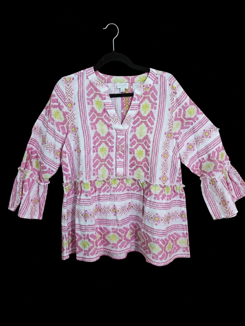 Women’s Mud Pie Pink Patterned Peasant Top with Ruffle Waist